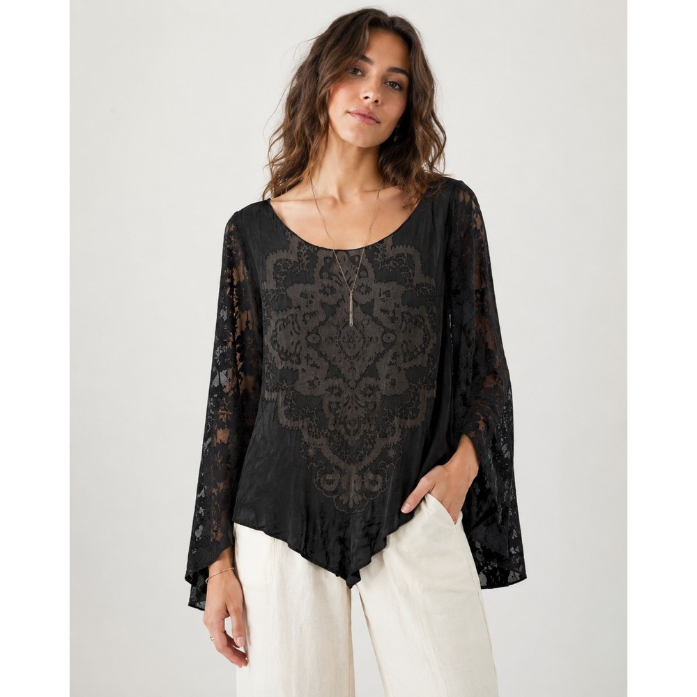 Nurture Black Burnout Velvet Damask Bell Sleeve Handkerchief Hem Top M Witchy